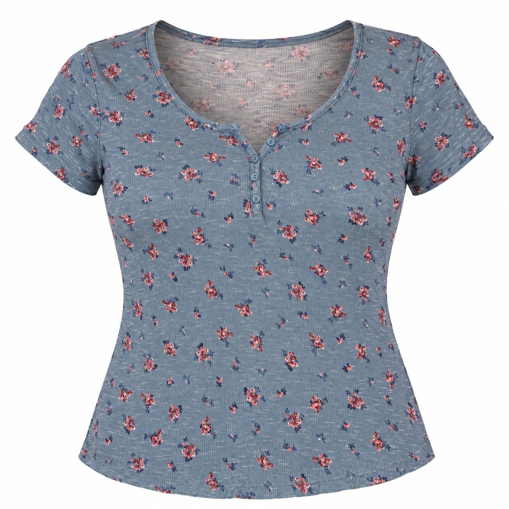Hippie Rose Henley Y2K Top prairie M Blue Floral Short Sleeve Boho Cottagecore